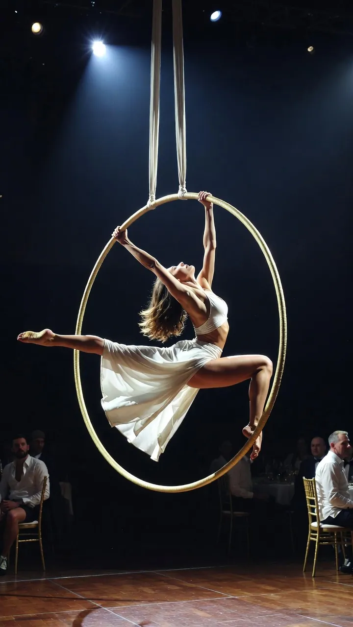 אקרובטית על חישוק אווירי בחתונה — מרחפת מעל הרחבה