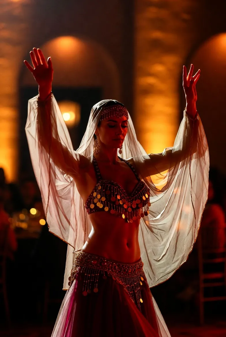 ריקוד בטן סולו עם רעלות ואביזרים זוהרים