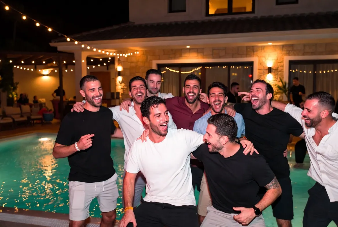 מסיבת רווקים עם רקדניות — חברים חוגגים בוילה