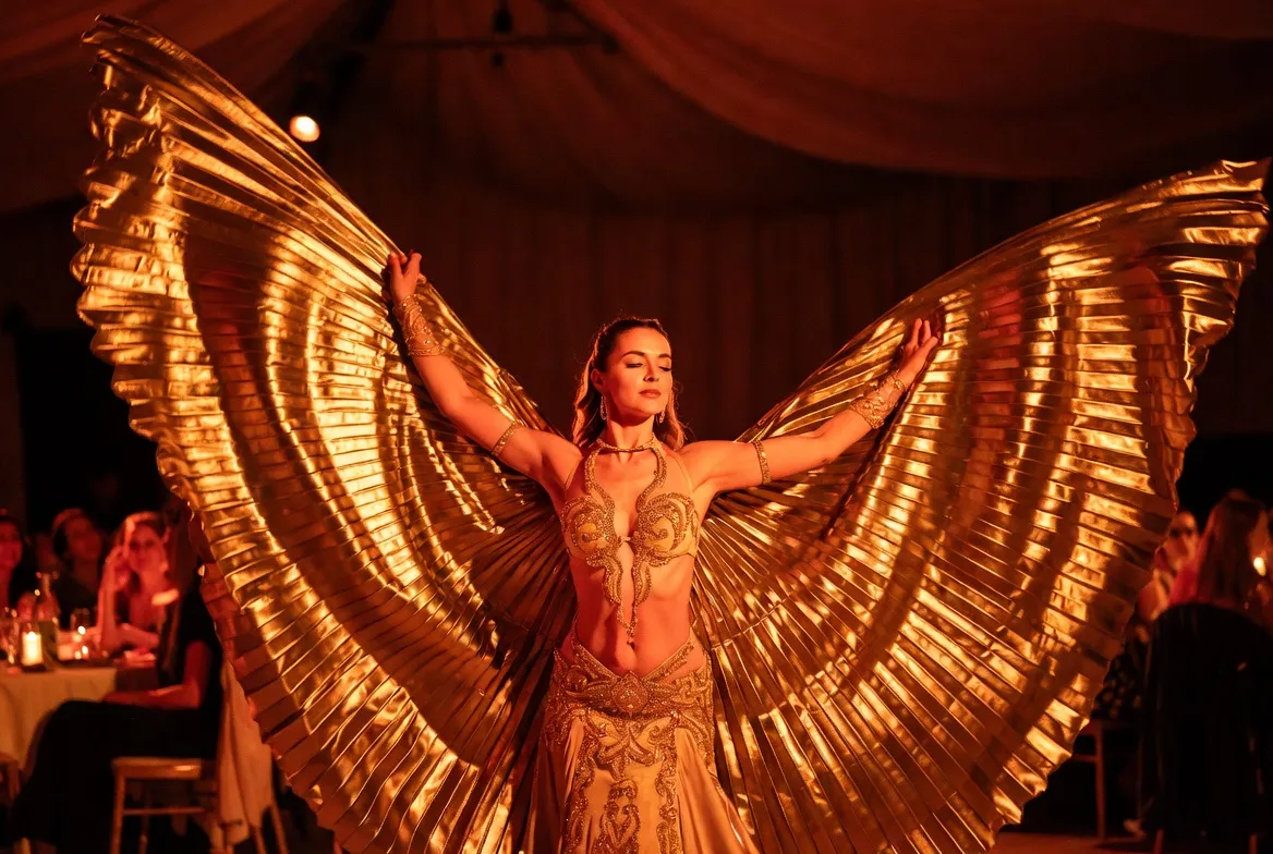 רקדנית בטן מקצועית עם כנפי איזיס — מופע ריקוד בטן לאירוע