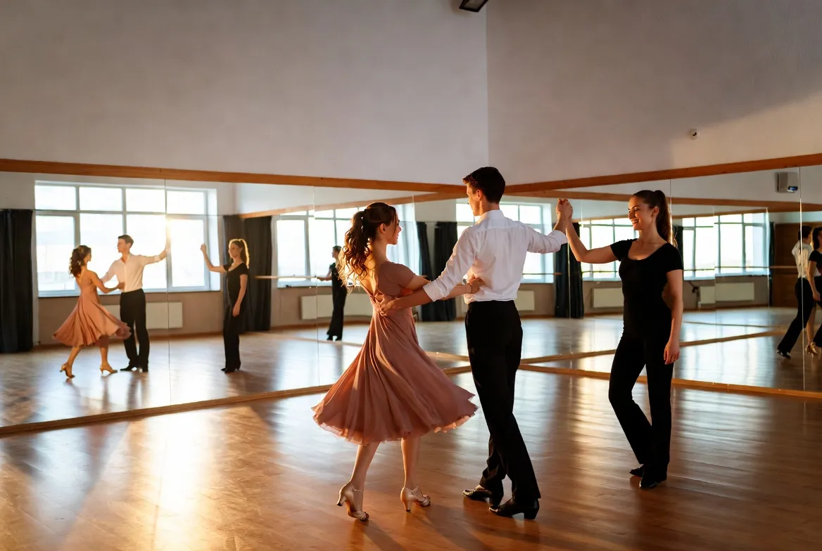 שיעור ריקוד ראשון — זוג לומד כוריאוגרפיה עם מורה