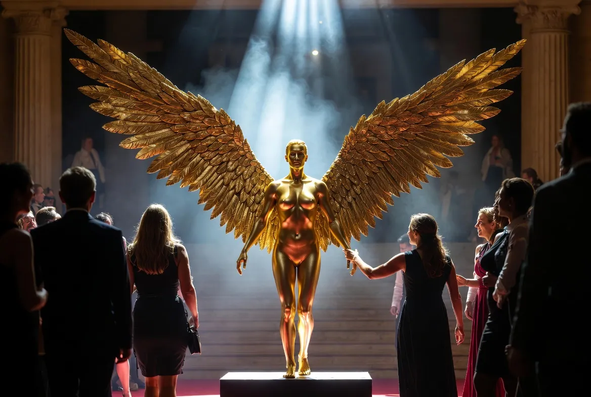 מייצג עם כנפיים ענקיות — פסל חי בכניסה לאירוע