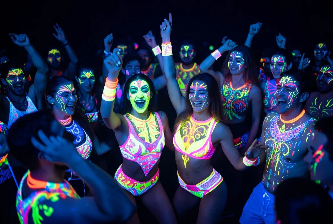 מסיבת פורים ניאון UV — רקדניות זוהרות בחושך עם צבעי UV