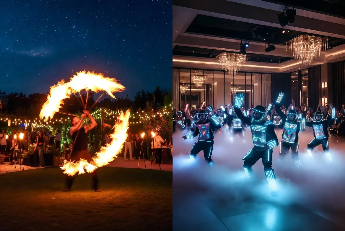 שילוב מופע אש בחוץ ו-LED בפנים — טרנד 2025