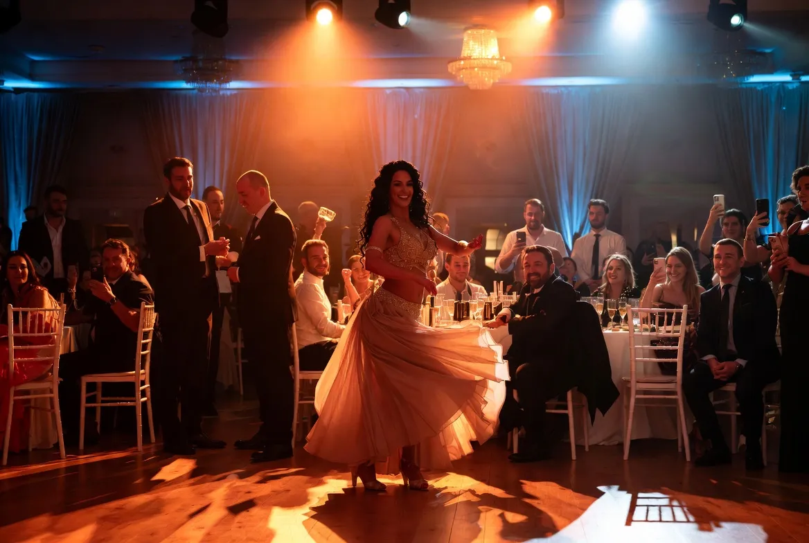 רקדניות בחתונה — מופע ריקוד על הרחבה עם חתן וכלה