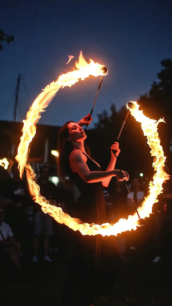 מופע אש בחתונה — רקדן עם פויים בגן אירועים