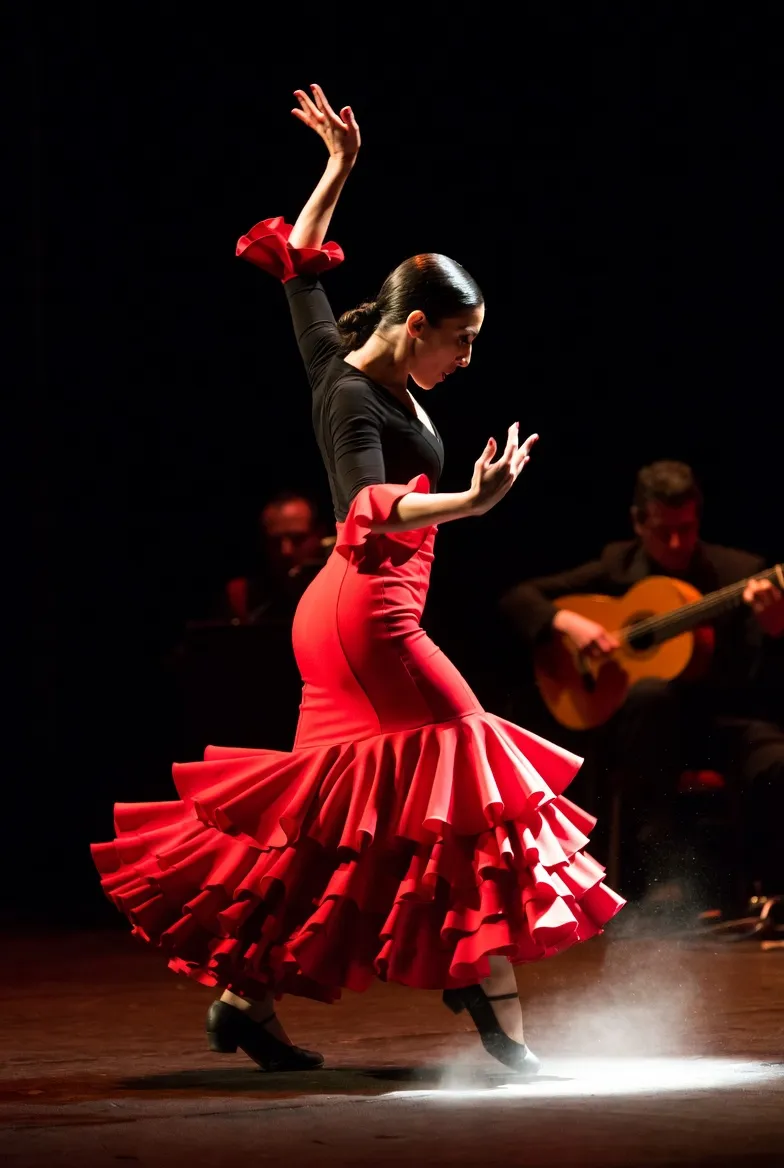 רקדנית פלמנקו עם מניפה — תנוחה דרמטית