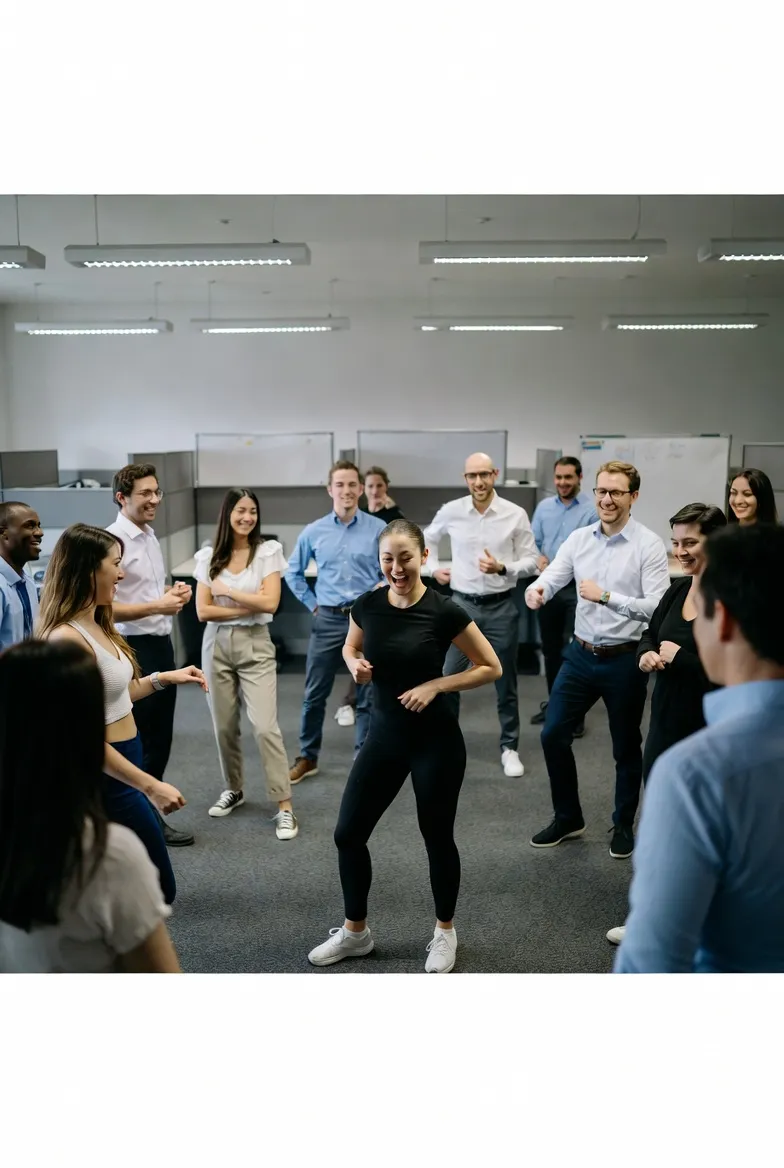 סדנת ריקוד team building — עובדים רוקדים עם מדריכה — SK Dance