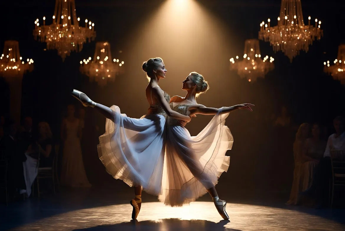 שתי בלרינות בשמלות לבנות עם פרטי זהב רוקדות באולם מואר בנברשות