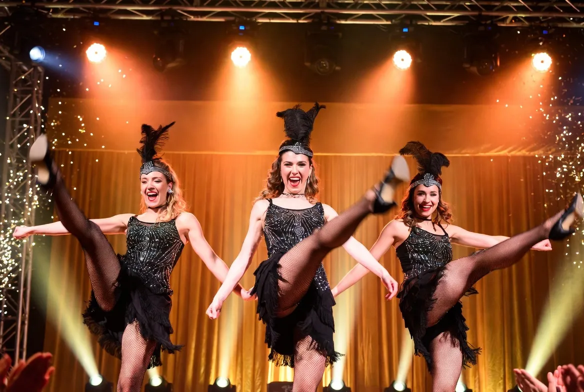 מופע קאן-קאן בסגנון שנות ה-20 עם שמלות נוצצות ומניפות על במה