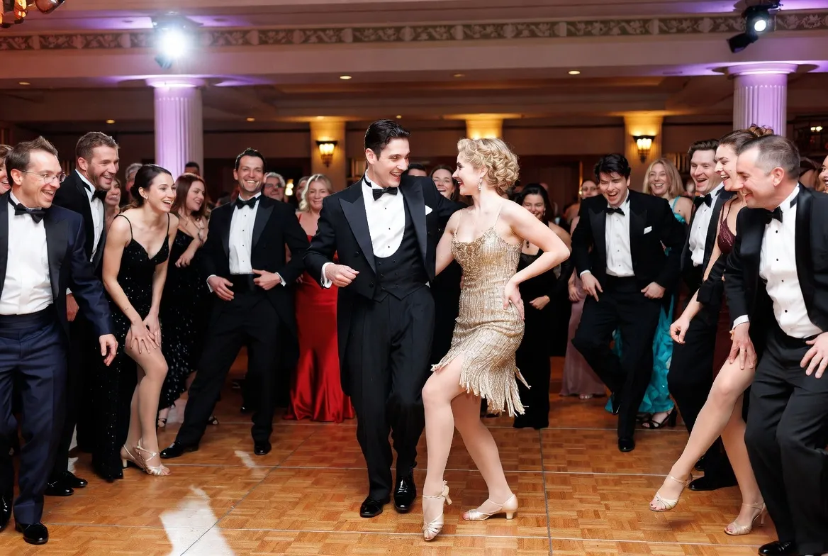 זוג רקדנים סלוניים מלמדים אורחים צ׳רלסטון באירוע בסגנון גטסבי