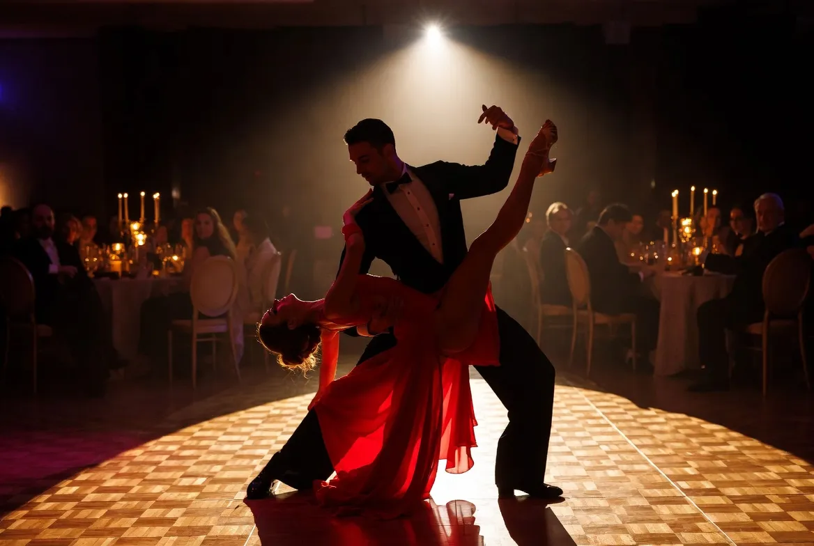 זוג רקדנים סלוניים בטנגו דרמטי על רחבה מוארת באירוע הוליוודי