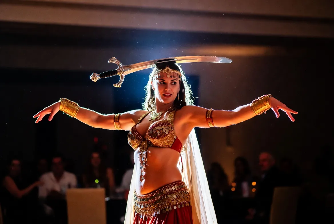 רקדנית בטן עם חרב מאוזנת על הראש בתלבושת זהובה באירוע מזרחי