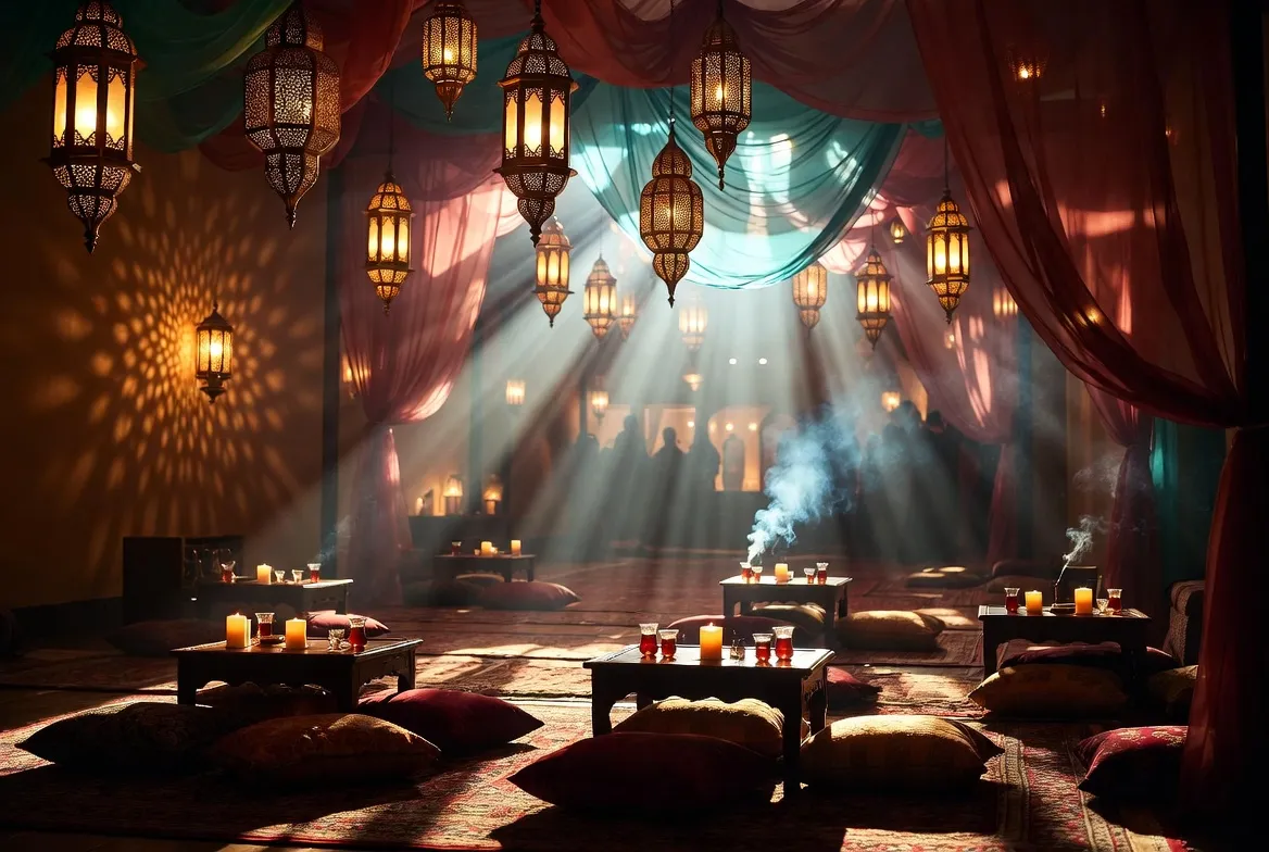 אווירת לילה מזרחי — פנסים מוזהבים, שטיחים, כריות ונרות באירוע מזרחי