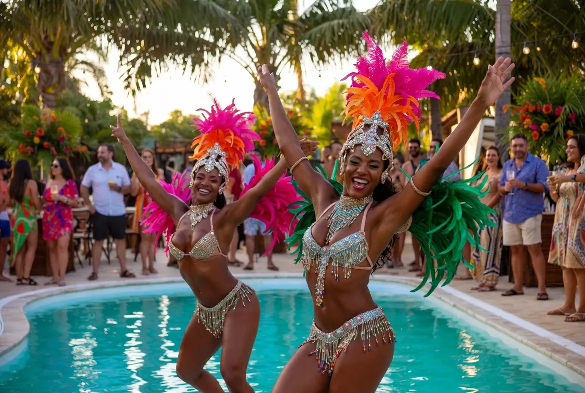 רקדניות ברזילאיות בנוצות צבעוניות רוקדות סמבה ליד בריכה במסיבה טרופית