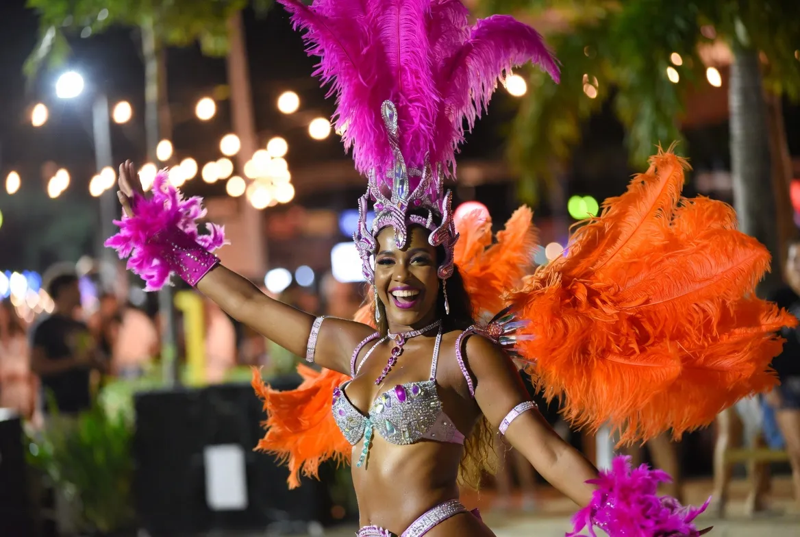 רקדנית ברזילאית בתלבושת נוצות צבעונית רוקדת סמבה באירוע טרופי